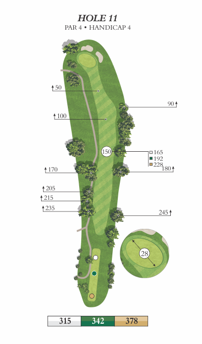 Hole 11 animated overview image featuring yardages of 315, 342, and 378.