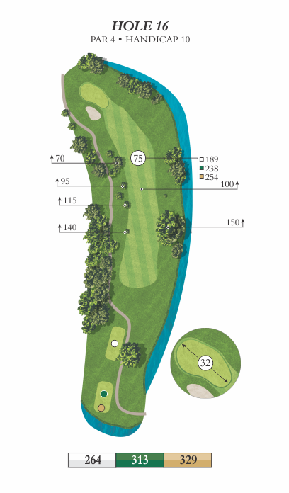 Hole 16 animated overview image featuring yardages of 264, 313, and 329.