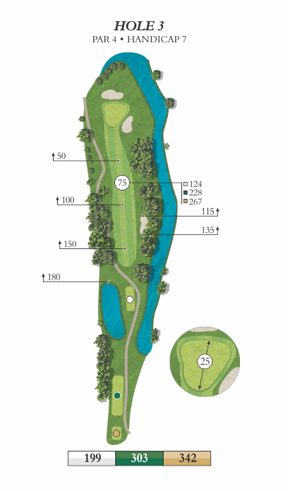 Hole 3 animated overview image featuring yardages of 199, 303, and 342.