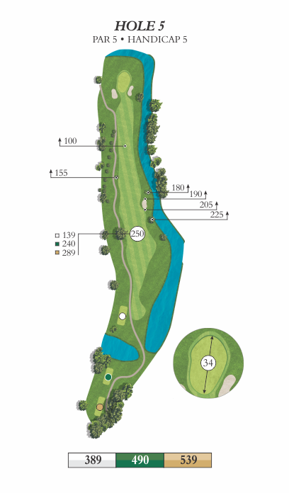 Hole 5 animated overview image featuring yardages of 389, 490, and 539.